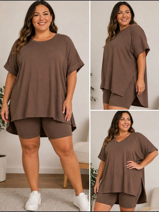 Zenana Outfitters Tops - Plus Size Two-Piece Lounge Set in Brown zenana biker shirt sz 3x new